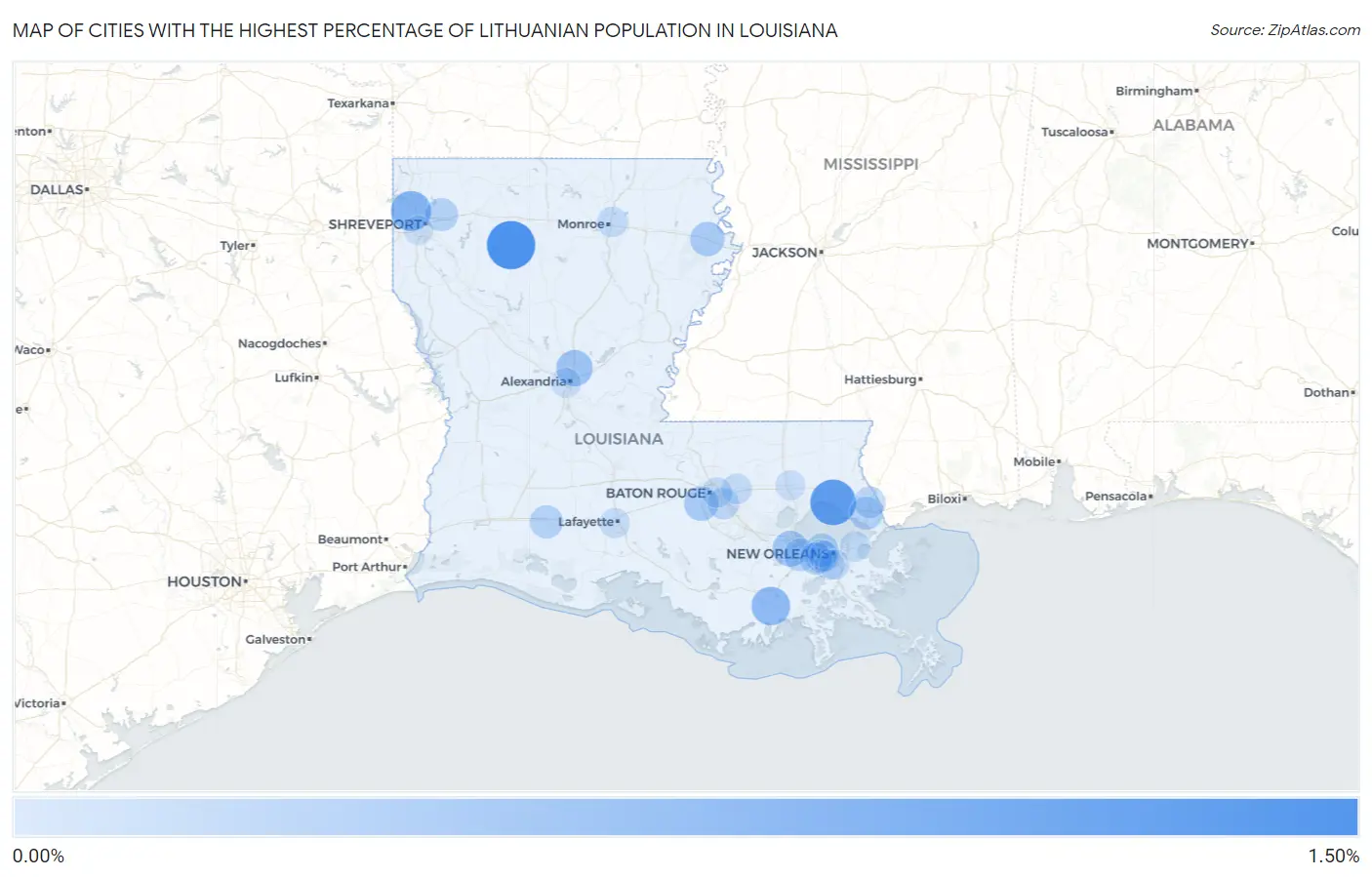 Cities with the Highest Percentage of Lithuanian Population in Louisiana Map