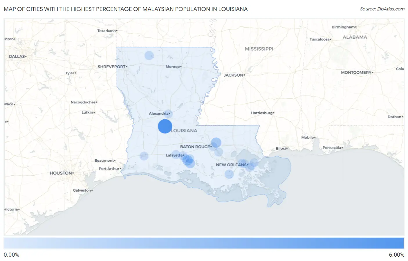 Cities with the Highest Percentage of Malaysian Population in Louisiana Map