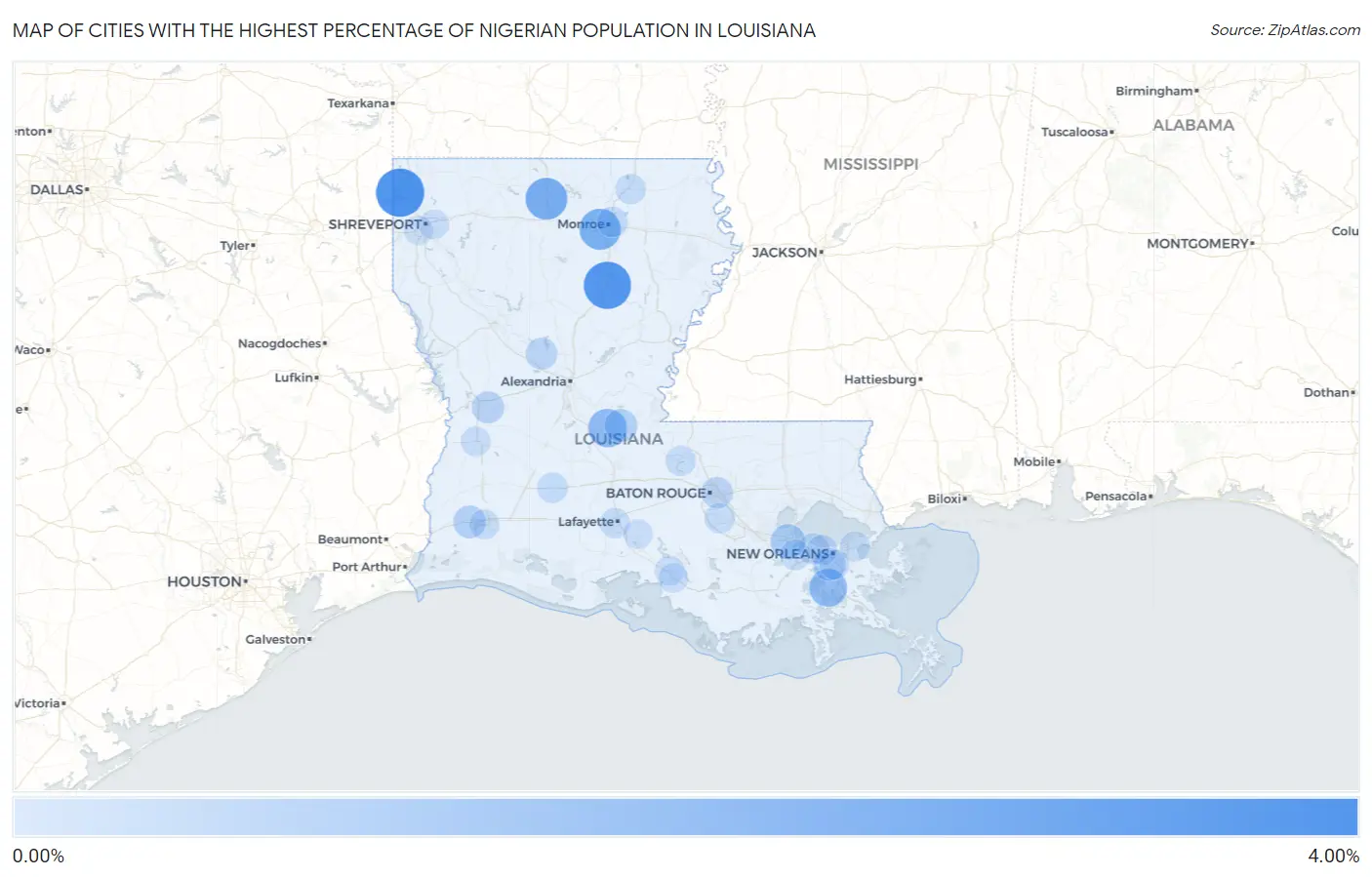 Cities with the Highest Percentage of Nigerian Population in Louisiana Map
