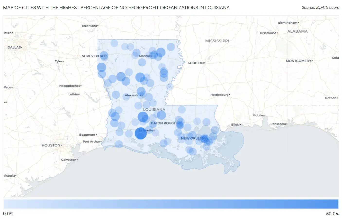 Cities with the Highest Percentage of Not-for-profit Organizations in Louisiana Map