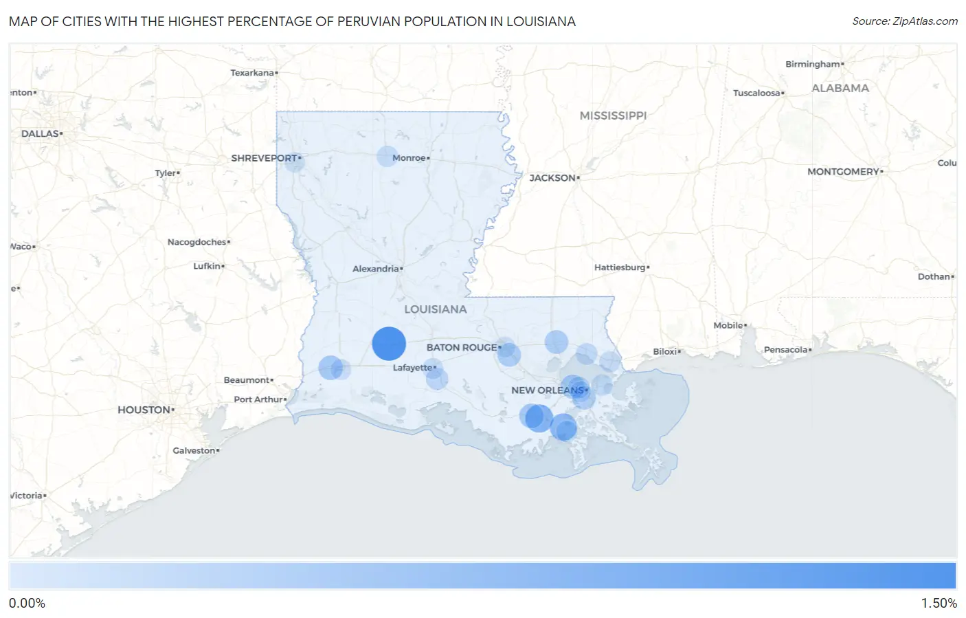 Cities with the Highest Percentage of Peruvian Population in Louisiana Map