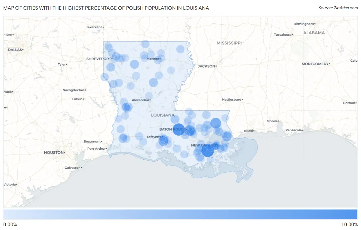 Cities with the Highest Percentage of Polish Population in Louisiana Map