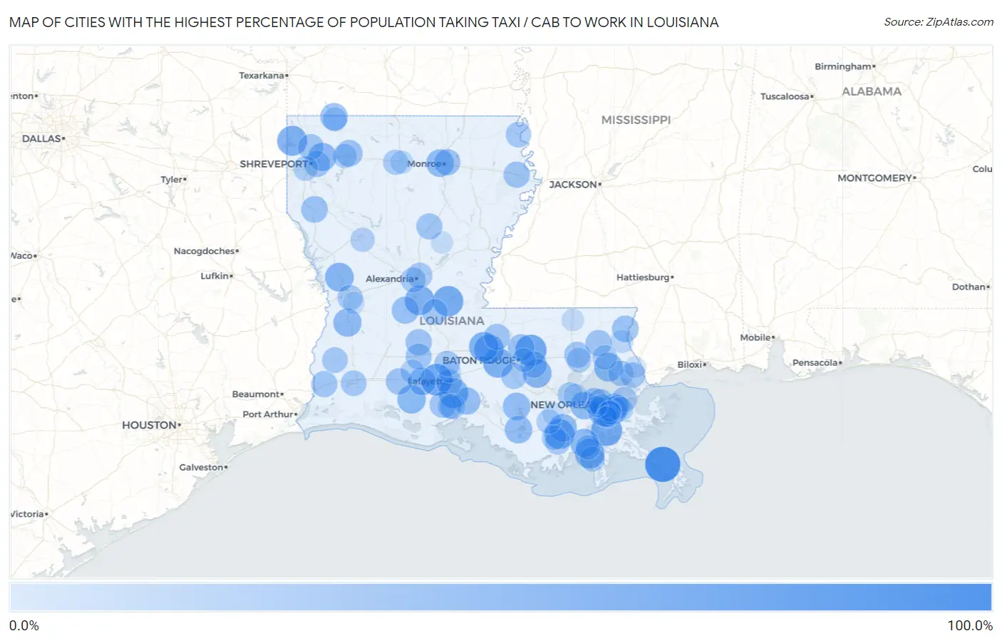 Cities with the Highest Percentage of Population Taking Taxi / Cab to Work in Louisiana Map
