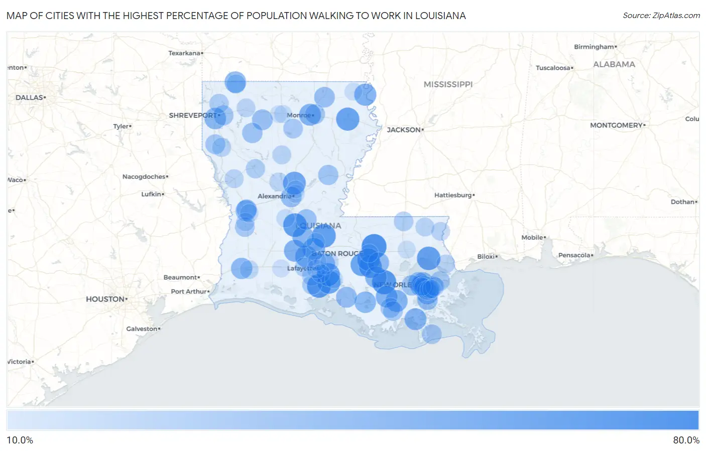 Cities with the Highest Percentage of Population Walking to Work in Louisiana Map