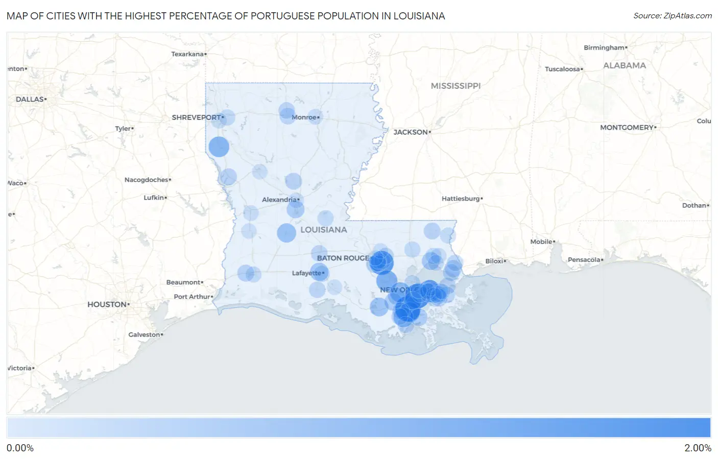 Cities with the Highest Percentage of Portuguese Population in Louisiana Map