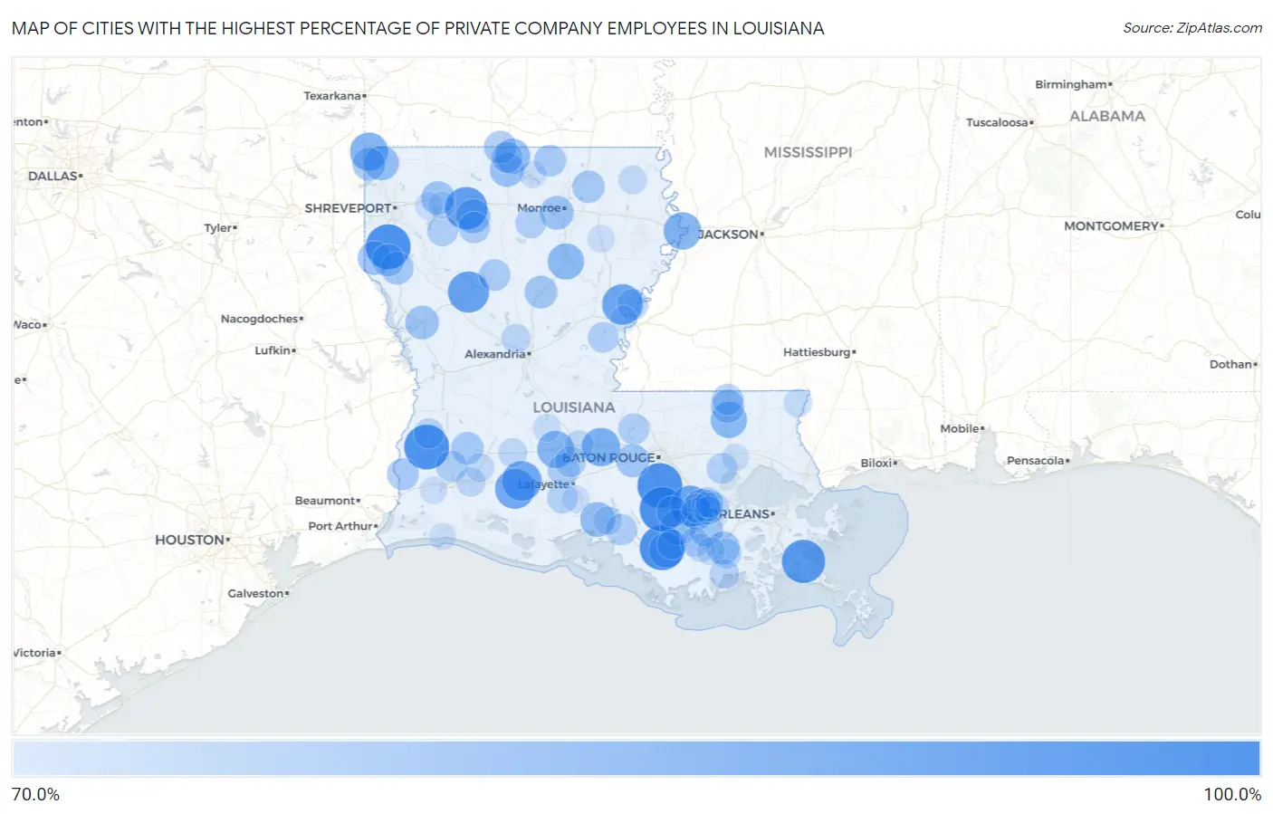 Cities with the Highest Percentage of Private Company Employees in Louisiana Map