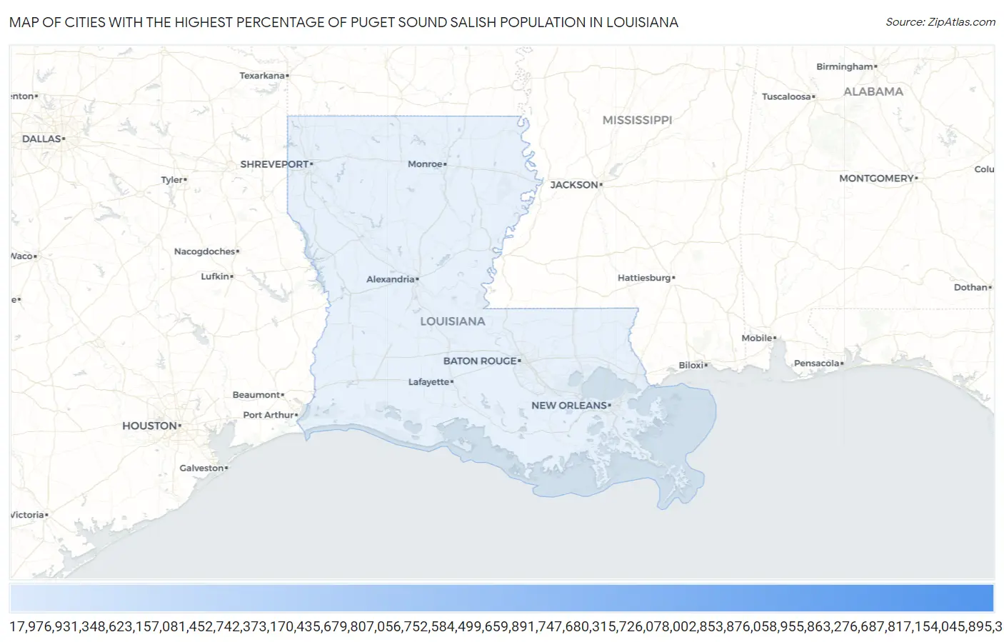 Cities with the Highest Percentage of Puget Sound Salish Population in Louisiana Map