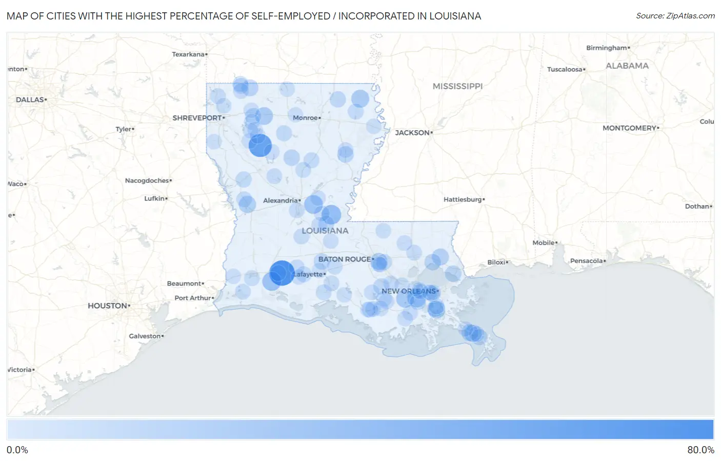 Cities with the Highest Percentage of Self-Employed / Incorporated in Louisiana Map
