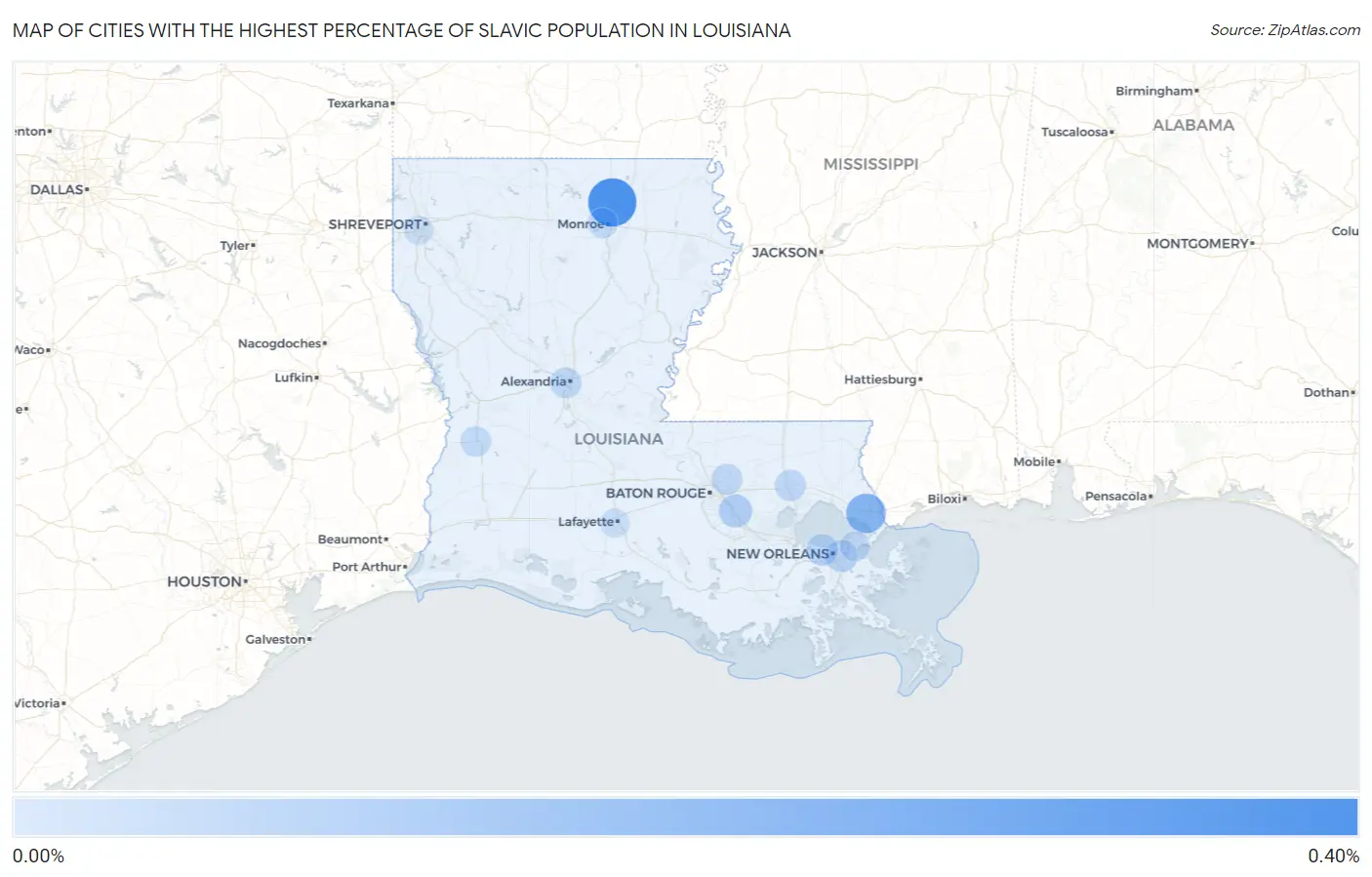 Cities with the Highest Percentage of Slavic Population in Louisiana Map