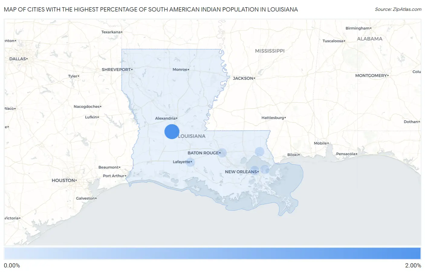 Cities with the Highest Percentage of South American Indian Population in Louisiana Map