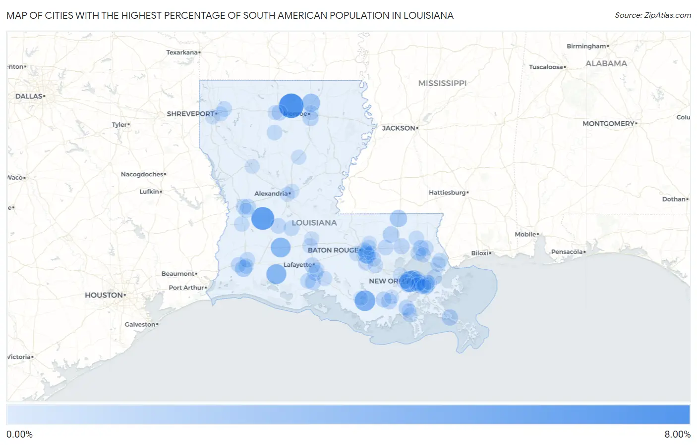 Cities with the Highest Percentage of South American Population in Louisiana Map