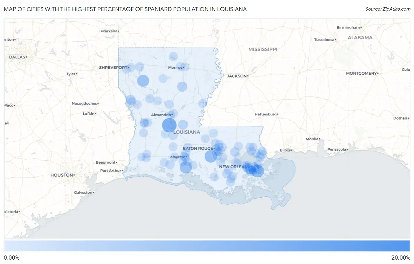 Cities with the Highest Percentage of Spaniard Population in Louisiana Map