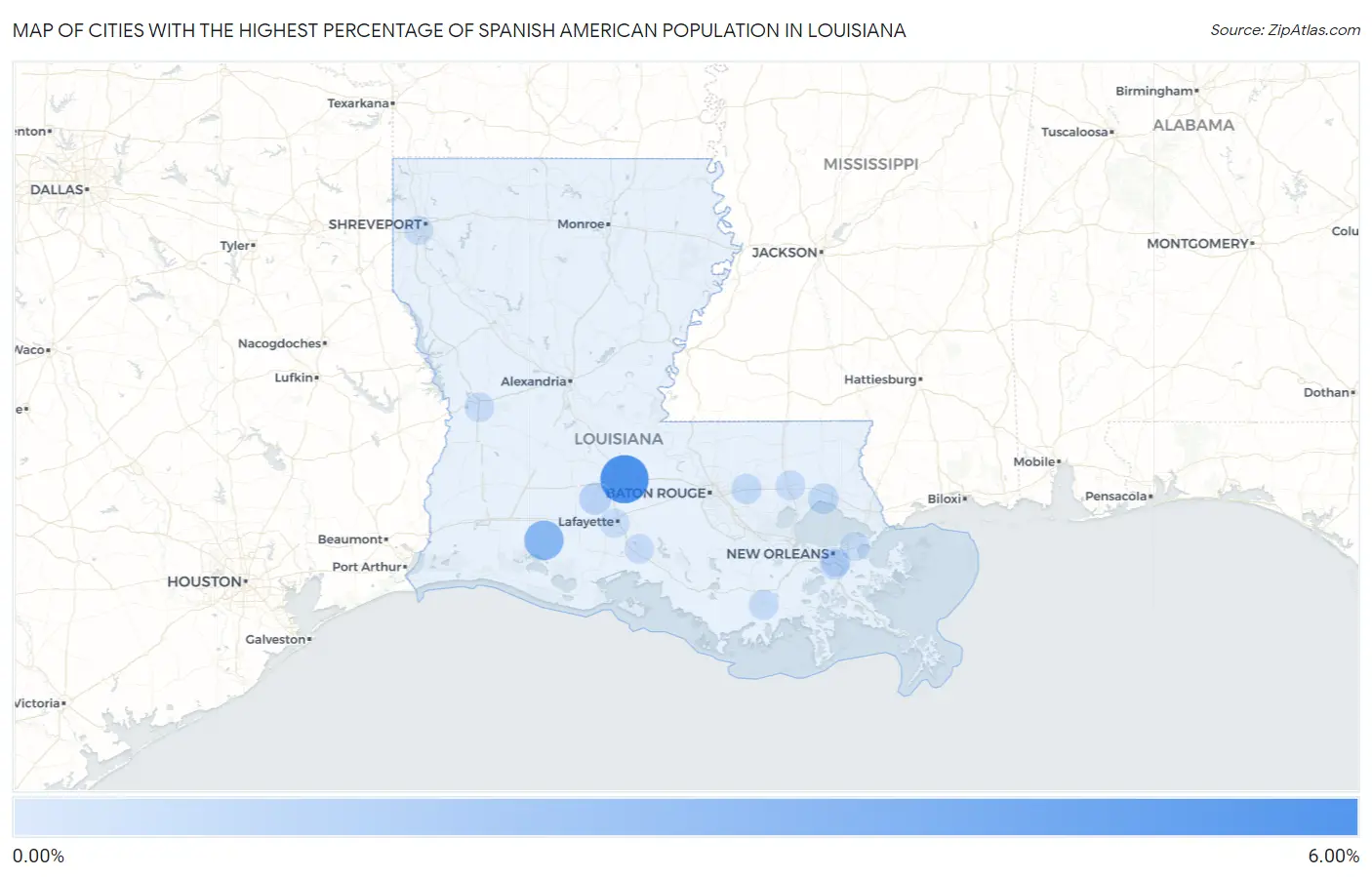 Cities with the Highest Percentage of Spanish American Population in Louisiana Map