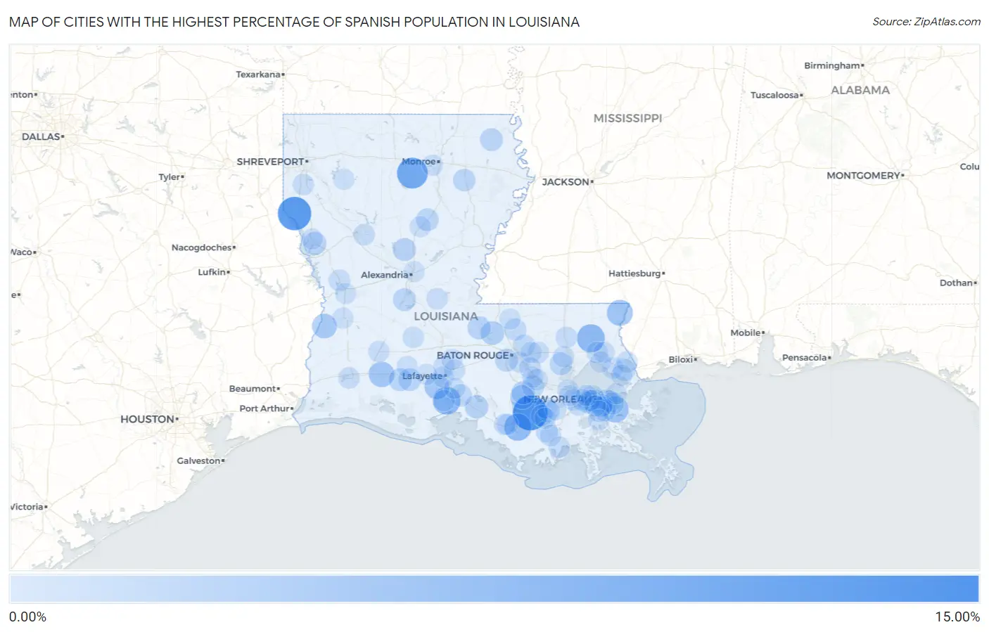 Cities with the Highest Percentage of Spanish Population in Louisiana Map