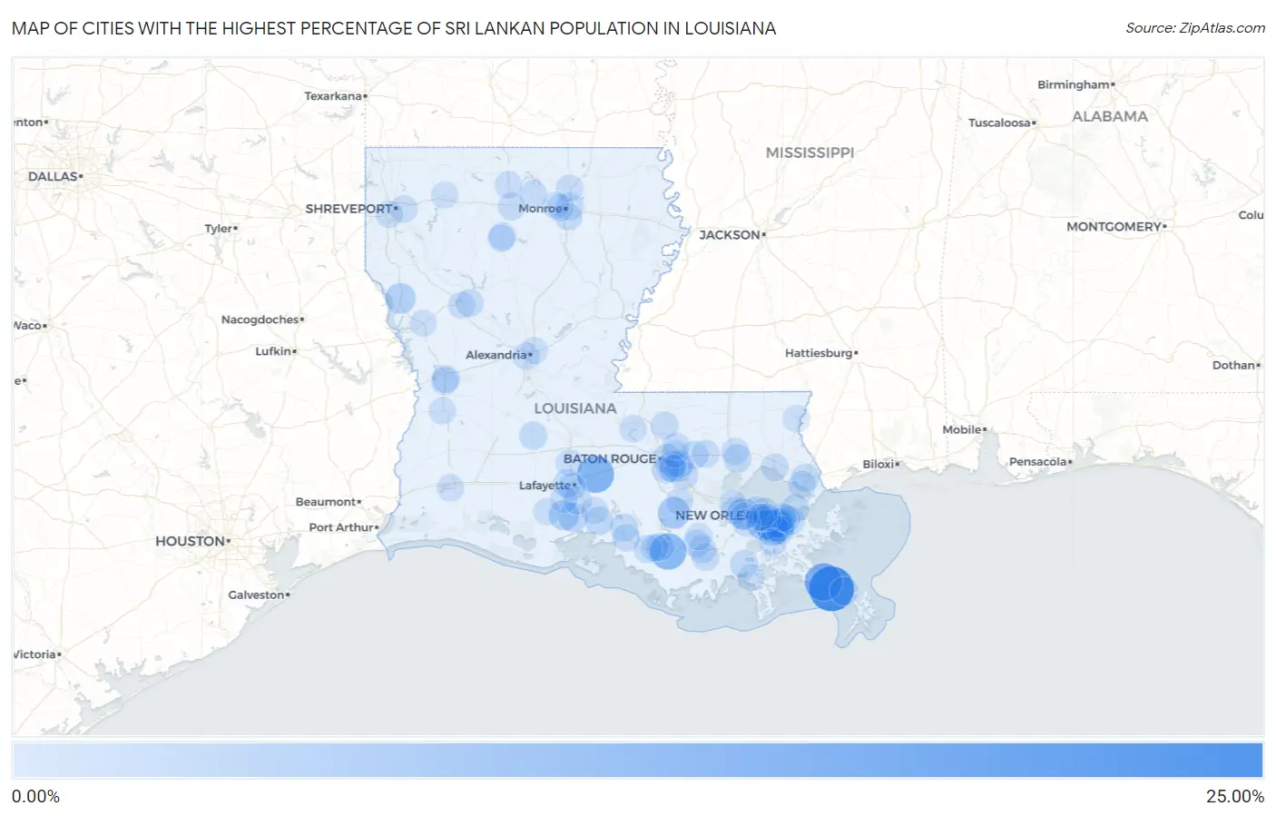 Cities with the Highest Percentage of Sri Lankan Population in Louisiana Map
