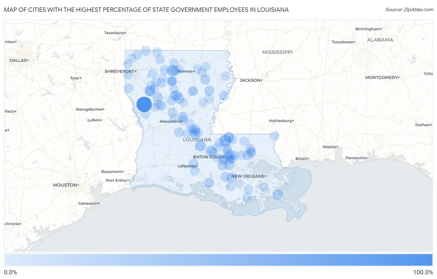 Cities with the Highest Percentage of State Government Employees in Louisiana Map