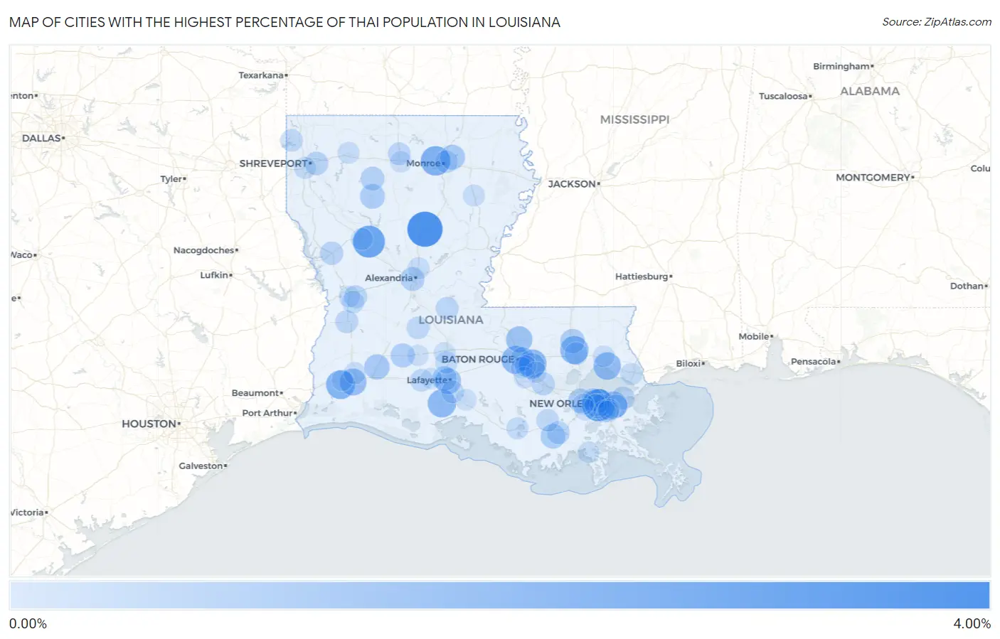 Cities with the Highest Percentage of Thai Population in Louisiana Map