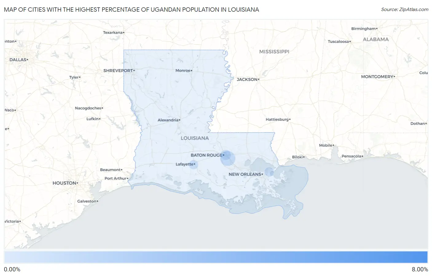 Cities with the Highest Percentage of Ugandan Population in Louisiana Map