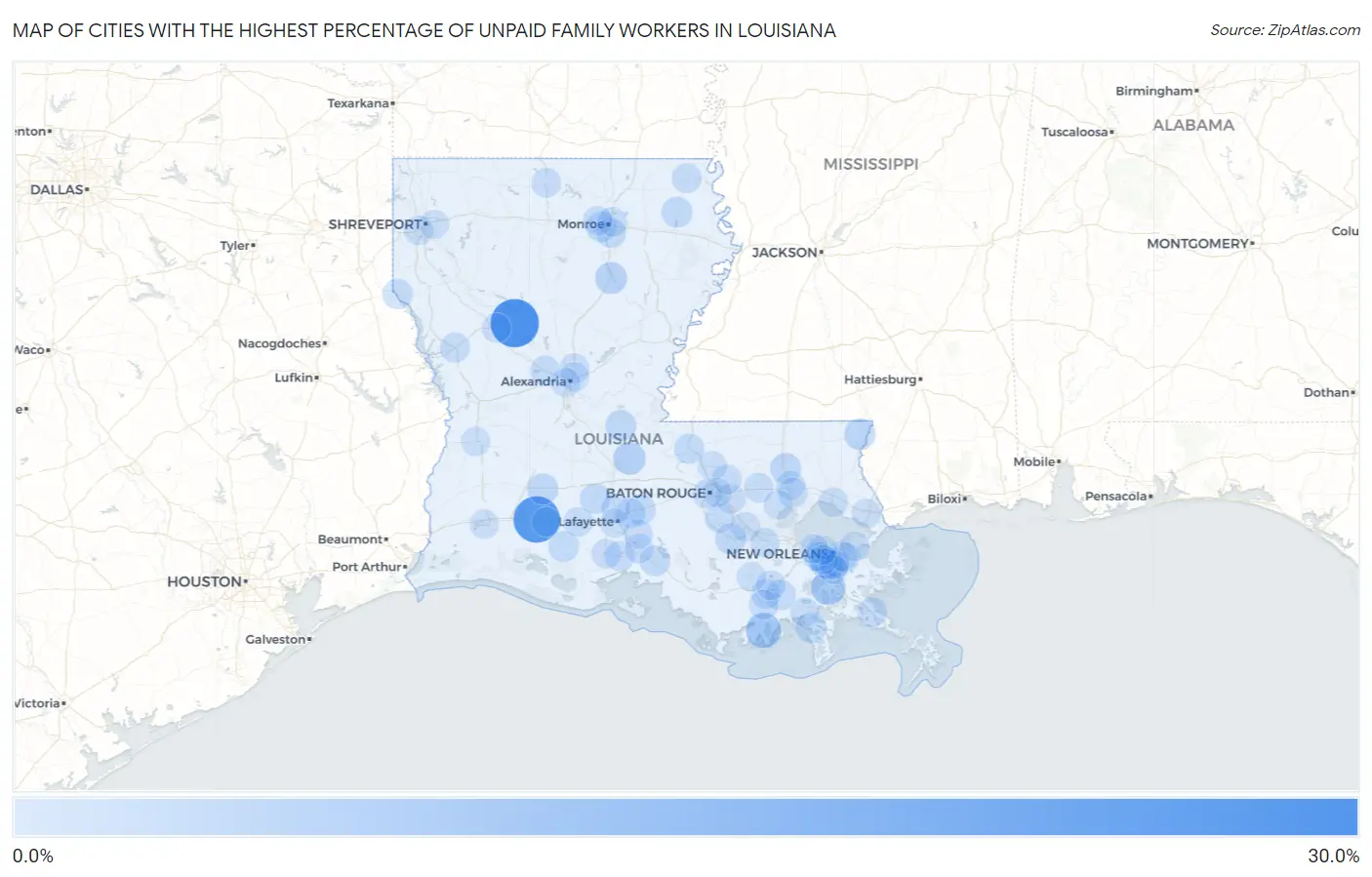 Cities with the Highest Percentage of Unpaid Family Workers in Louisiana Map