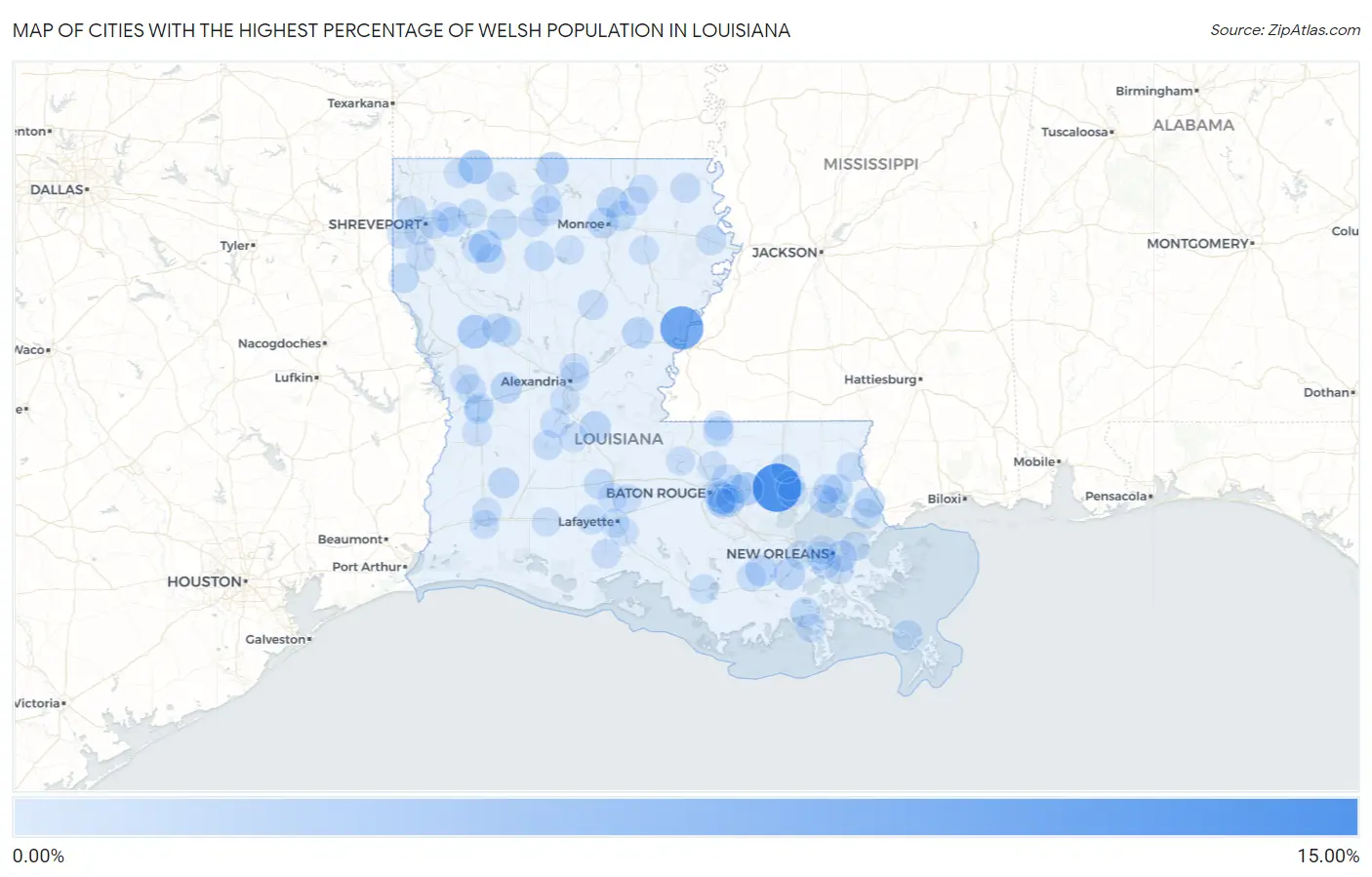 Cities with the Highest Percentage of Welsh Population in Louisiana Map