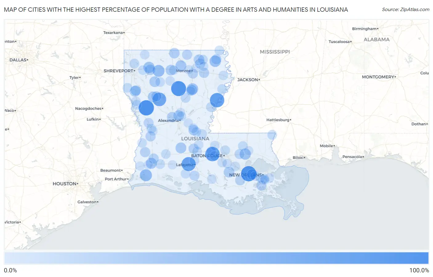 Cities with the Highest Percentage of Population with a Degree in Arts and Humanities in Louisiana Map