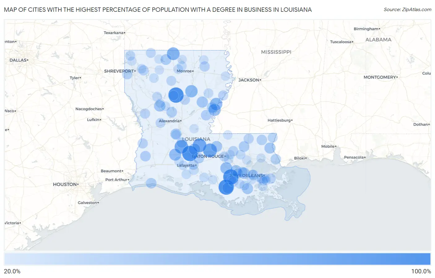 Cities with the Highest Percentage of Population with a Degree in Business in Louisiana Map