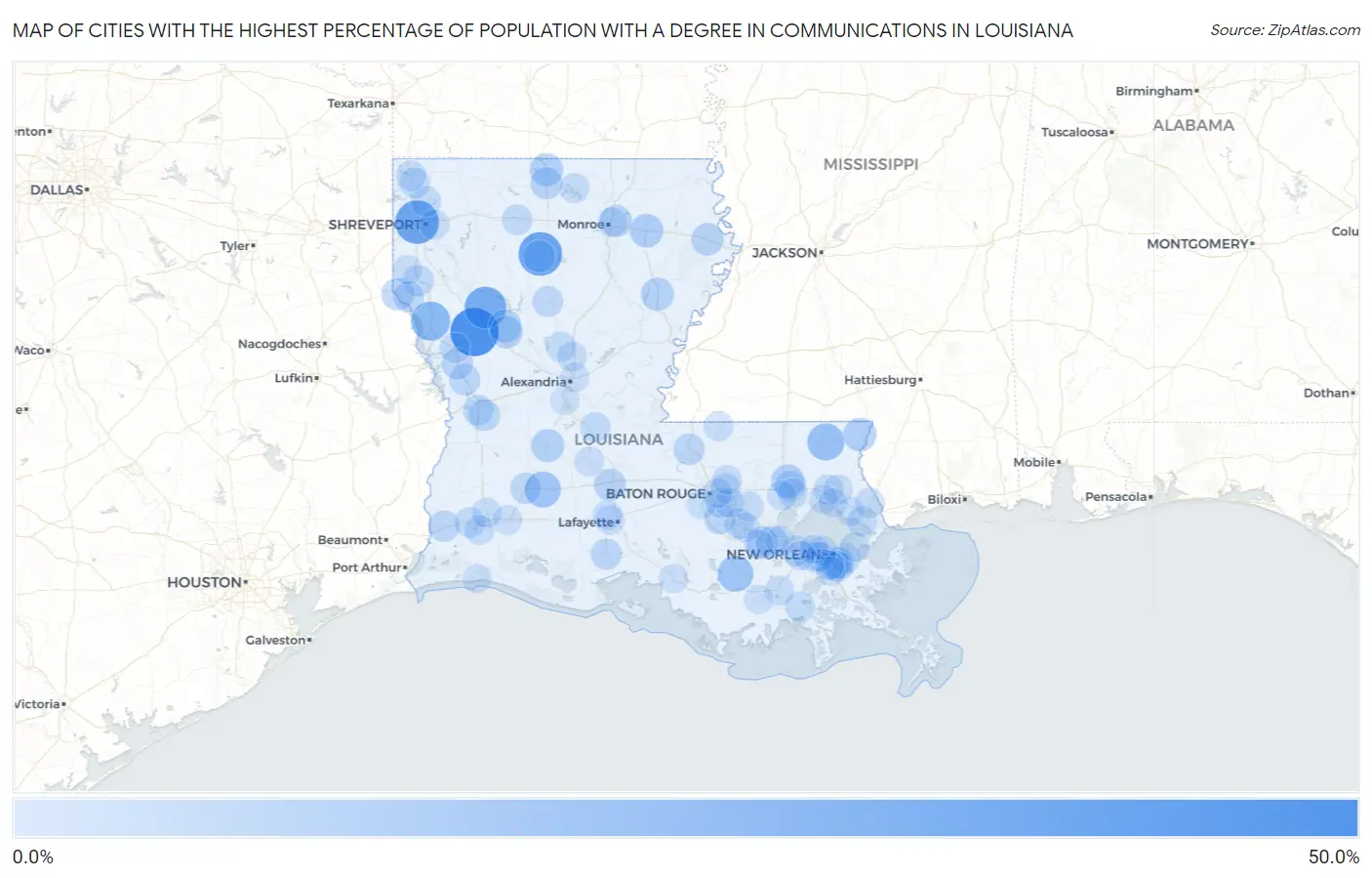 Cities with the Highest Percentage of Population with a Degree in Communications in Louisiana Map