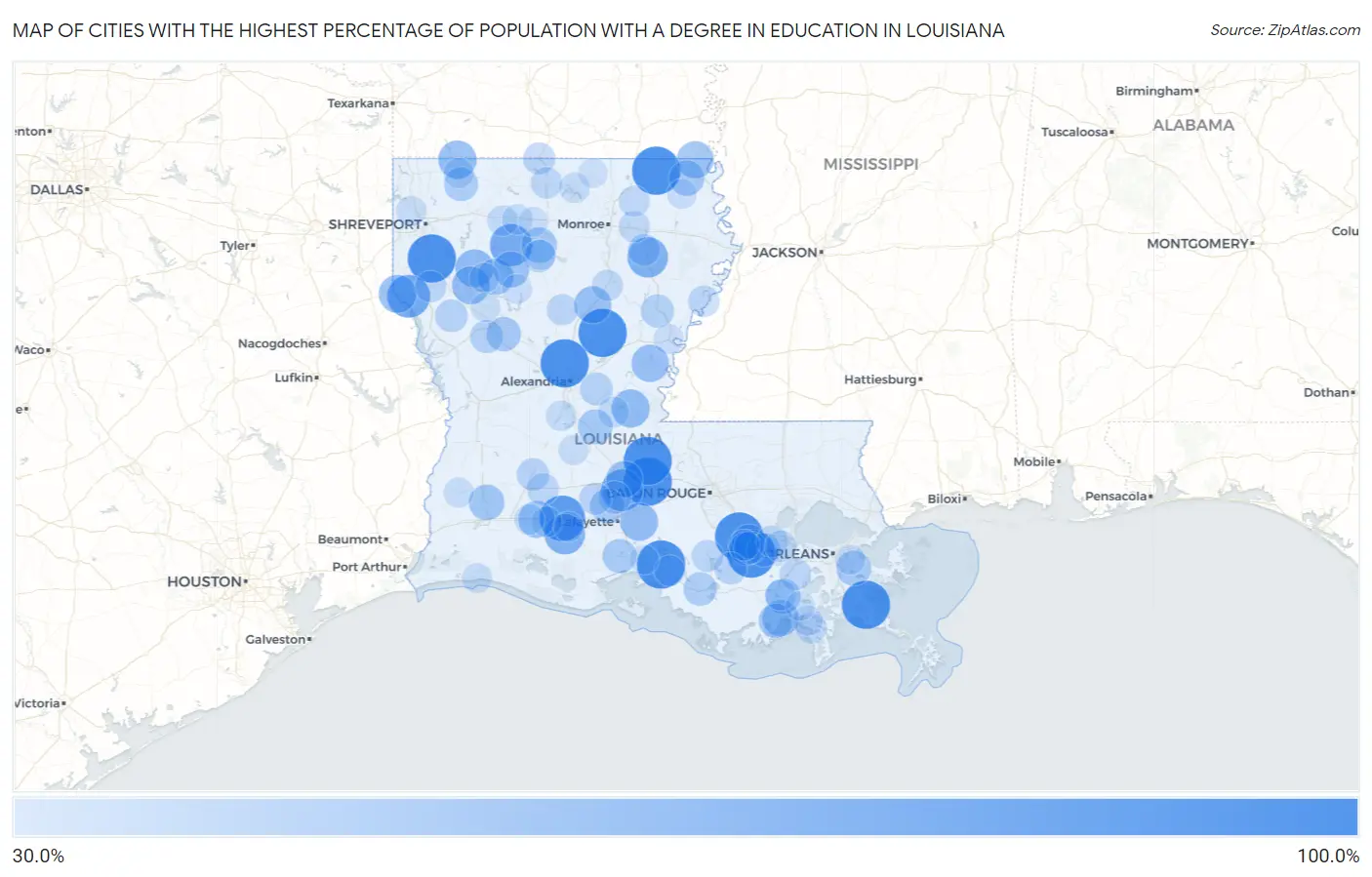 Cities with the Highest Percentage of Population with a Degree in Education in Louisiana Map