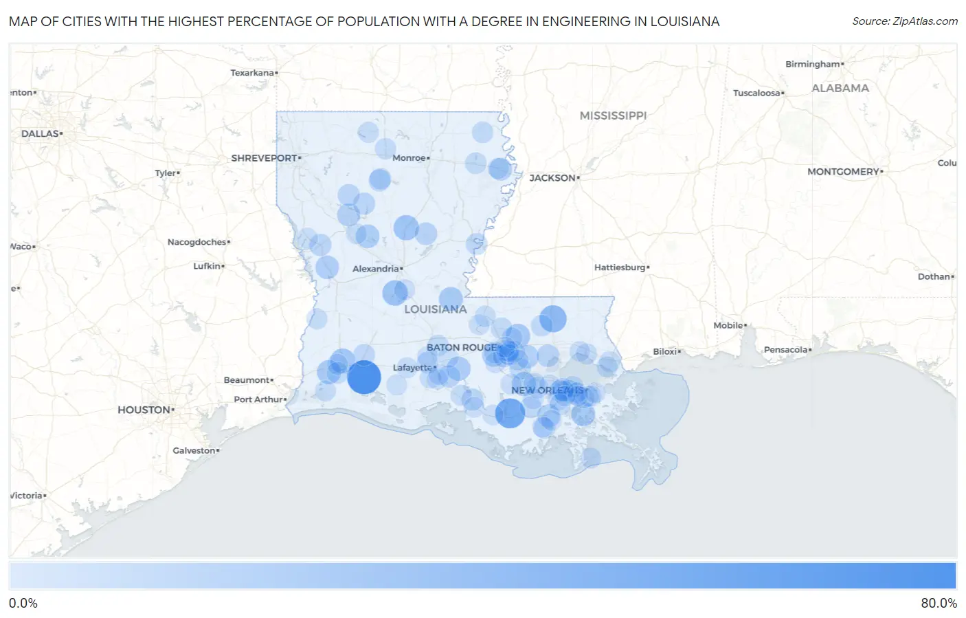Cities with the Highest Percentage of Population with a Degree in Engineering in Louisiana Map