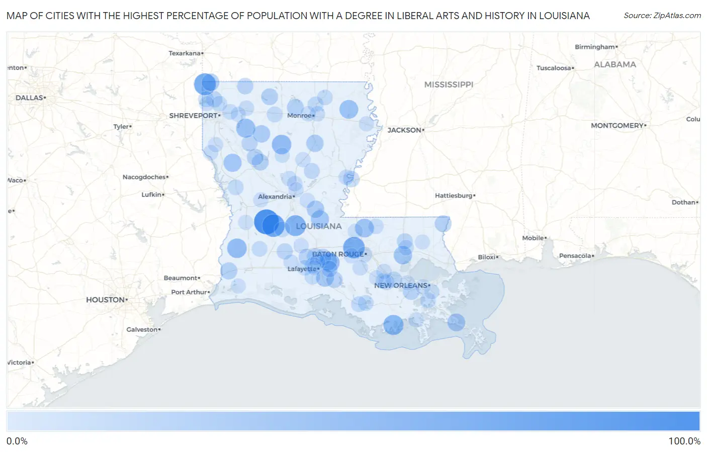 Cities with the Highest Percentage of Population with a Degree in Liberal Arts and History in Louisiana Map