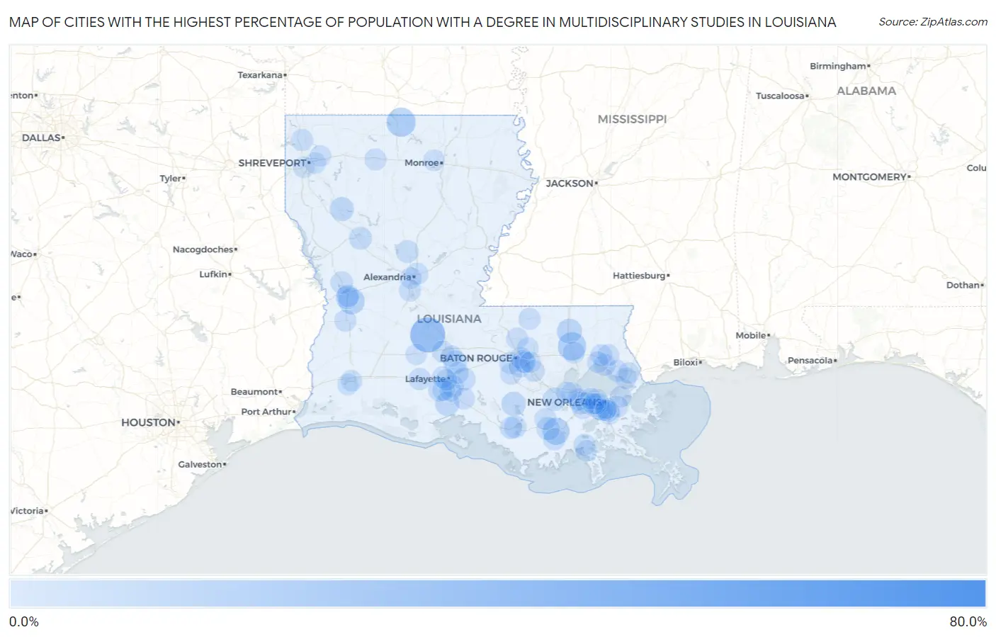 Cities with the Highest Percentage of Population with a Degree in Multidisciplinary Studies in Louisiana Map