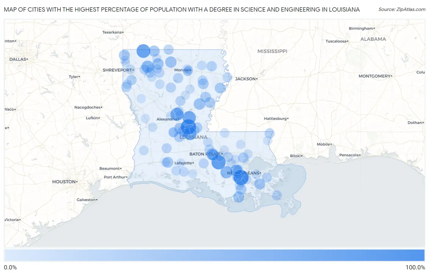 Cities with the Highest Percentage of Population with a Degree in Science and Engineering in Louisiana Map
