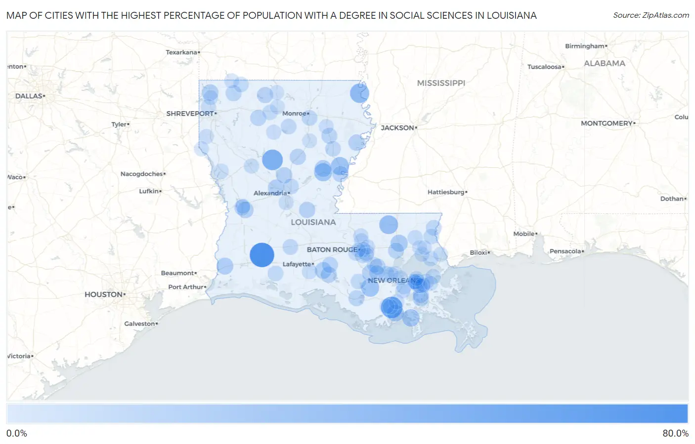 Cities with the Highest Percentage of Population with a Degree in Social Sciences in Louisiana Map