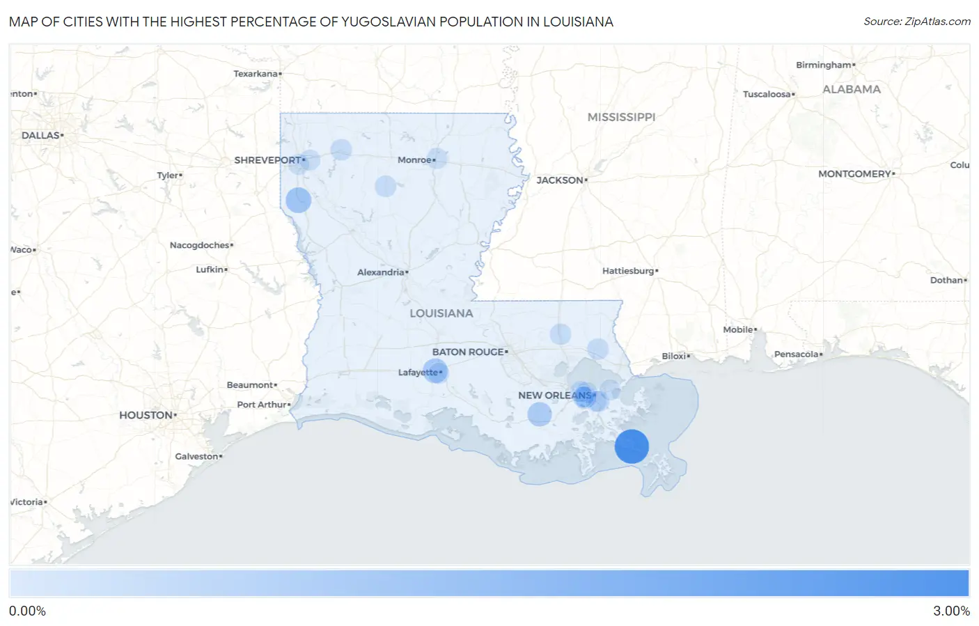 Cities with the Highest Percentage of Yugoslavian Population in Louisiana Map