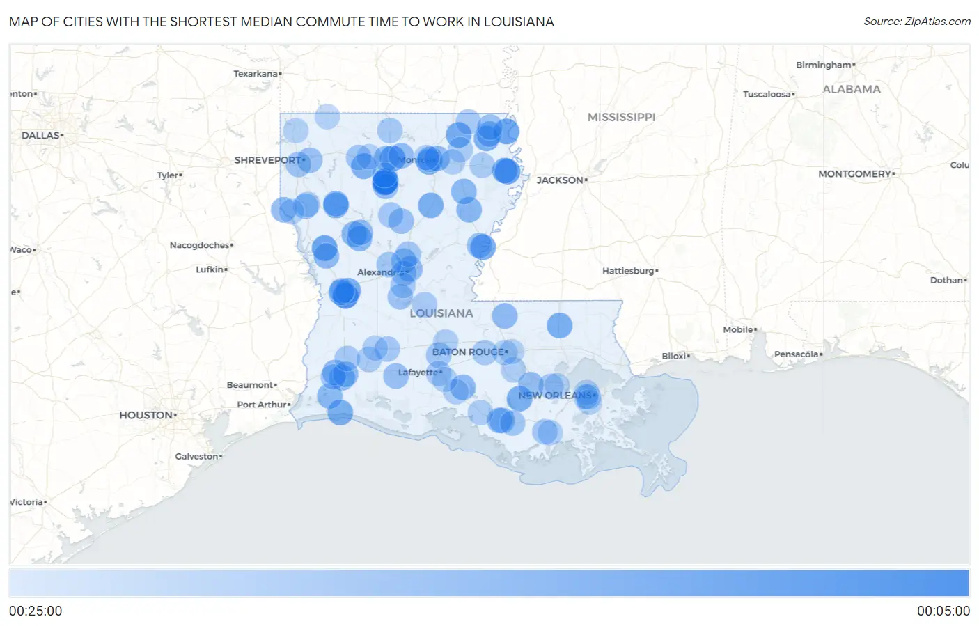 Cities with the Shortest Median Commute Time to Work in Louisiana Map
