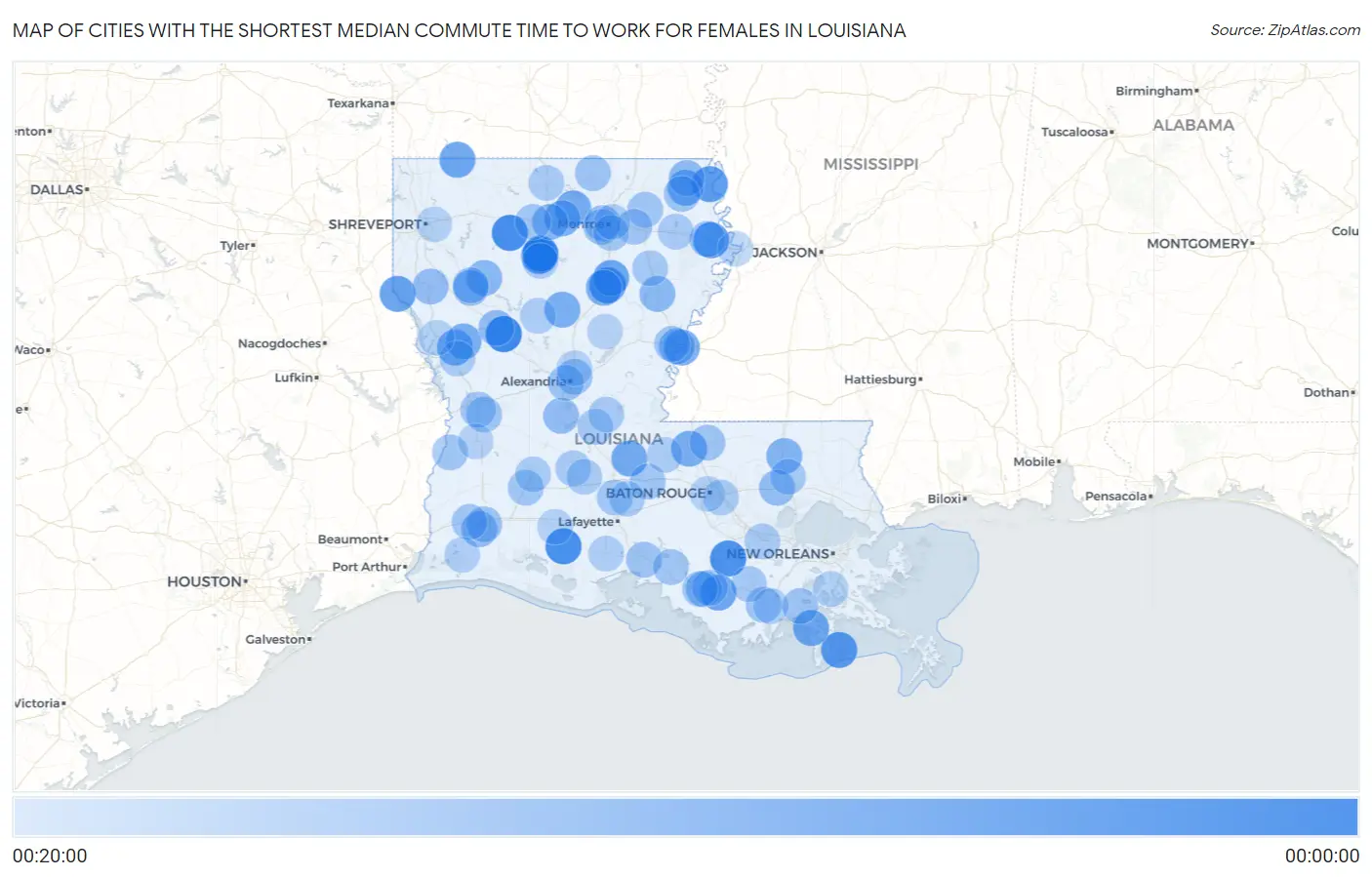 Cities with the Shortest Median Commute Time to Work for Females in Louisiana Map