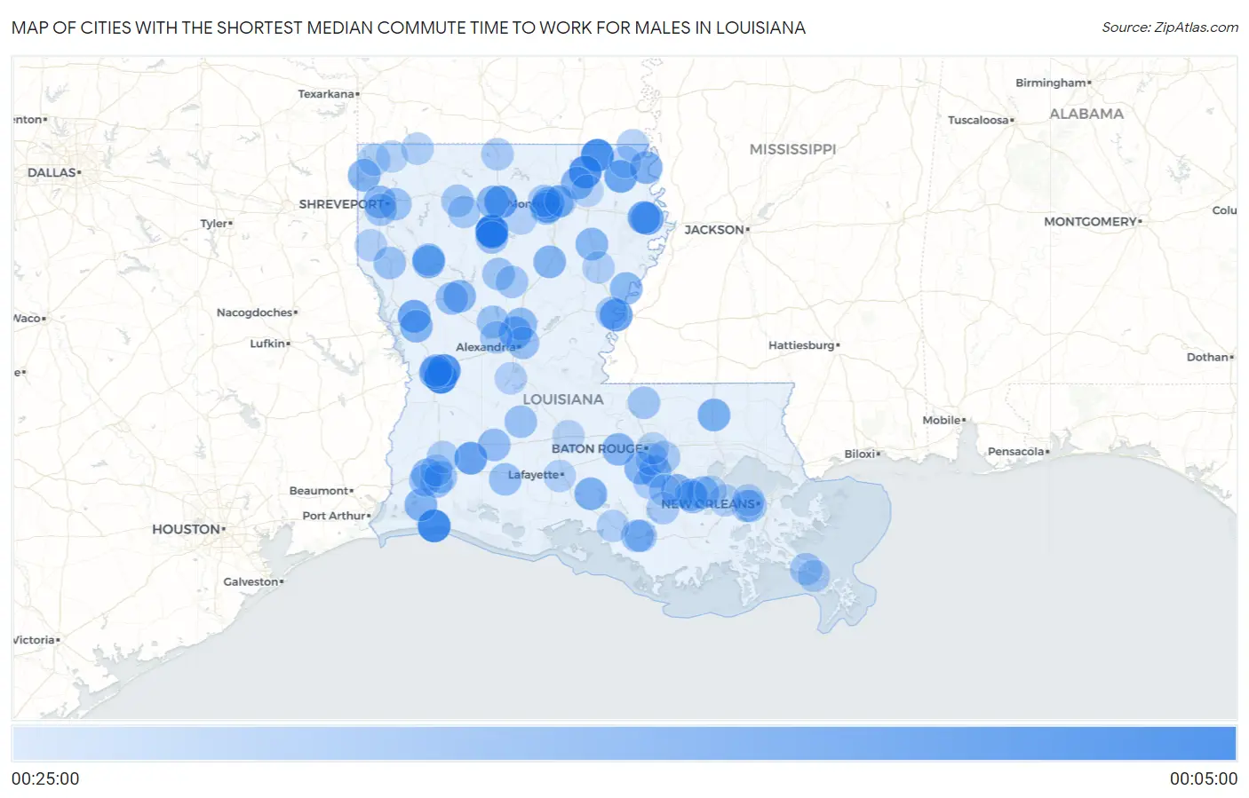 Cities with the Shortest Median Commute Time to Work for Males in Louisiana Map