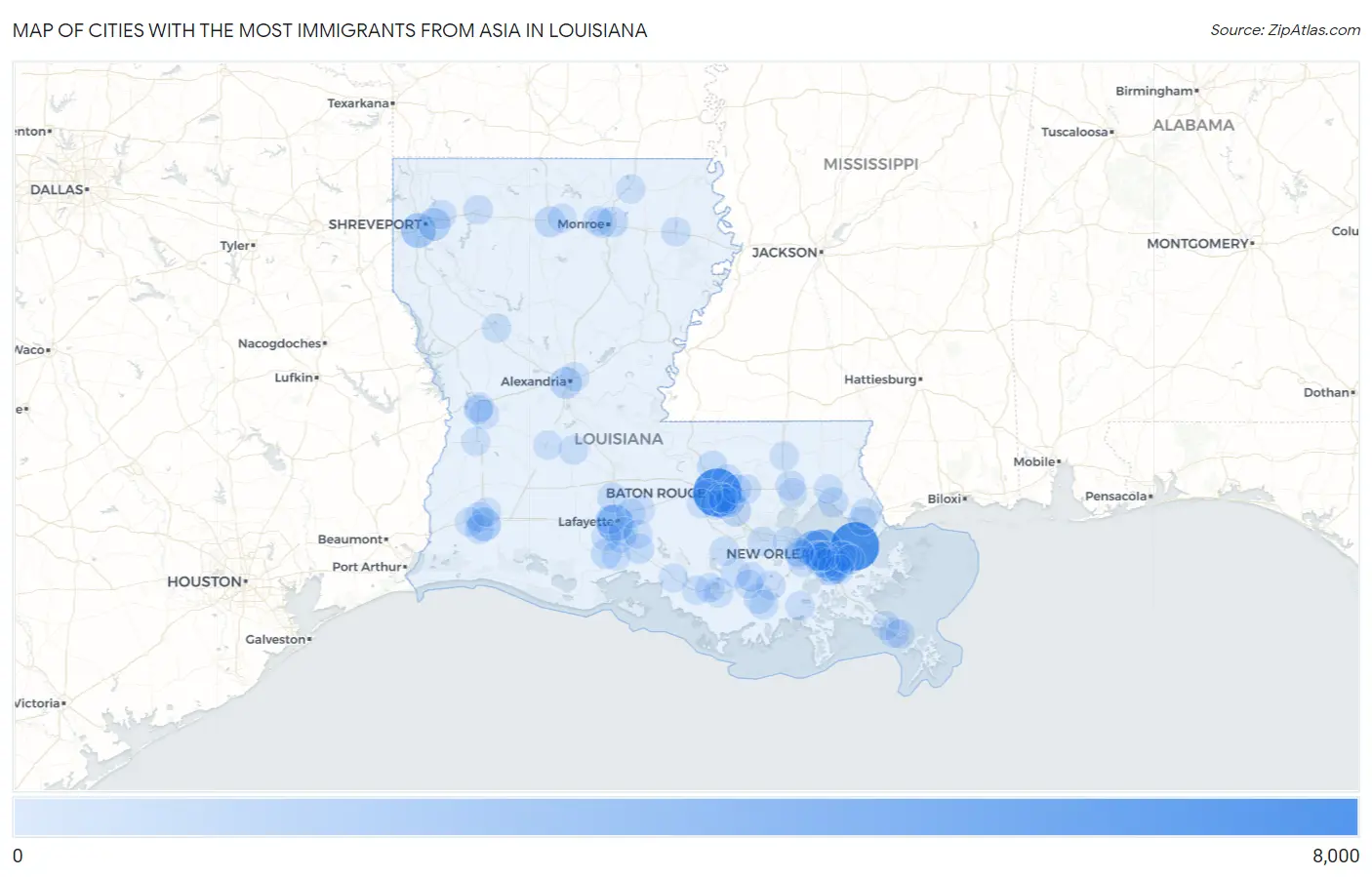 Cities with the Most Immigrants from Asia in Louisiana Map