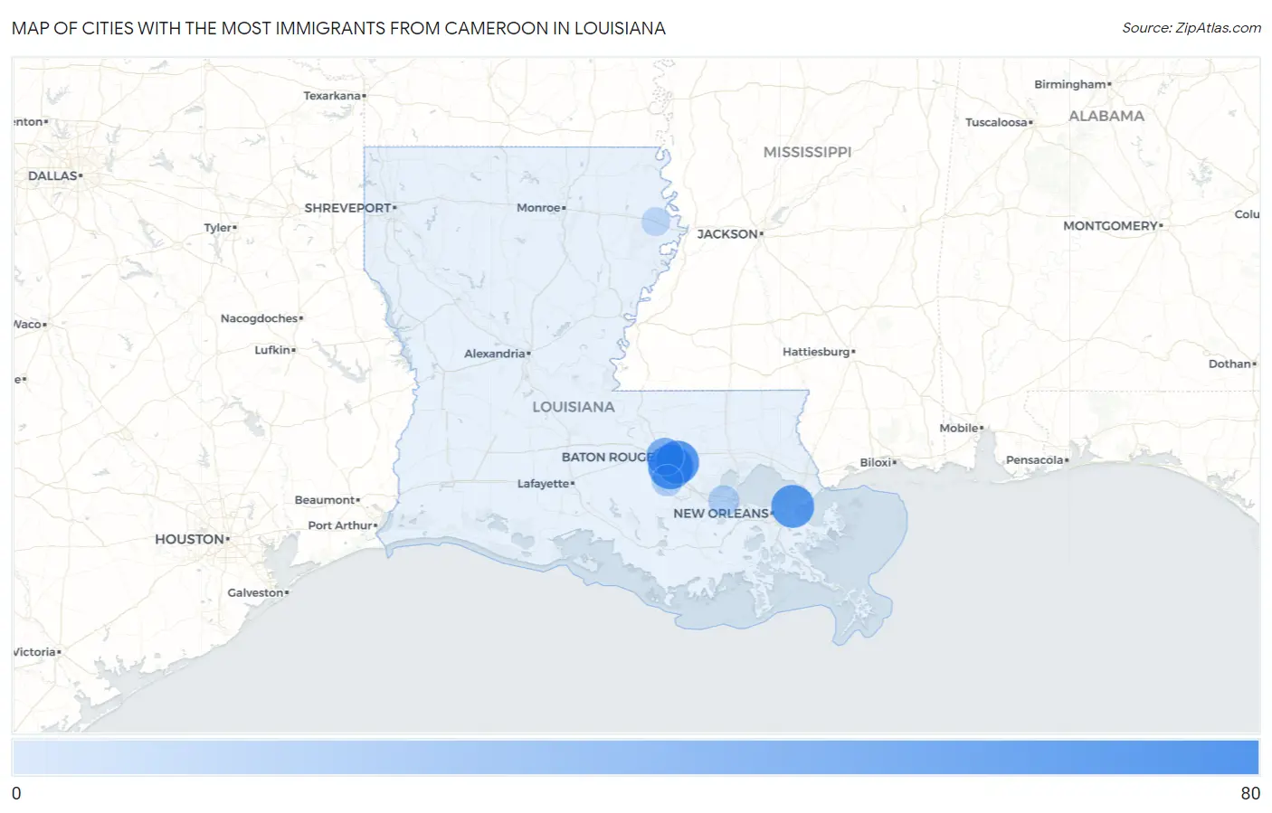 Cities with the Most Immigrants from Cameroon in Louisiana Map