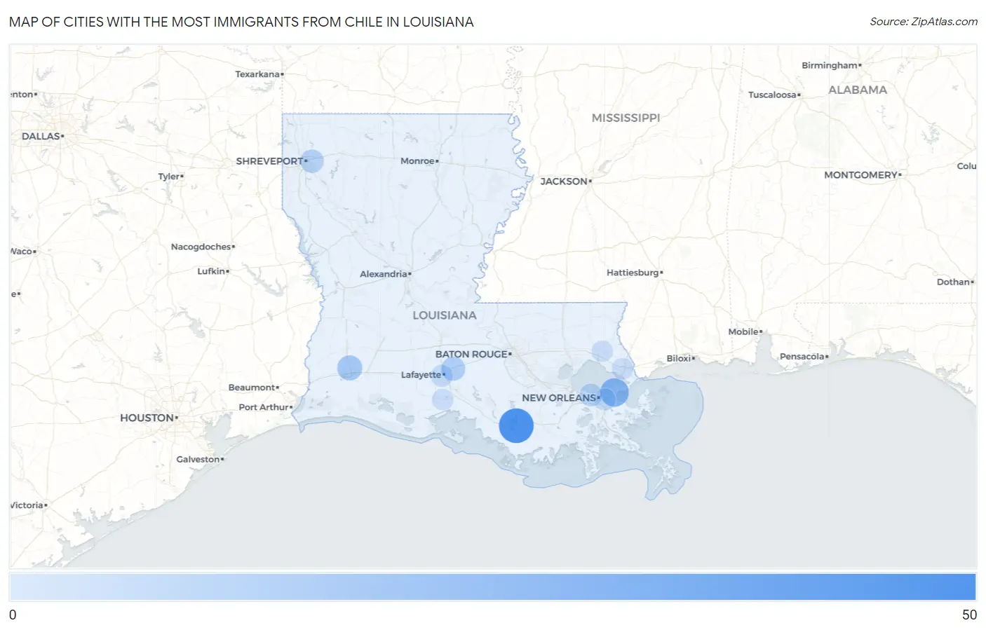 Cities with the Most Immigrants from Chile in Louisiana Map