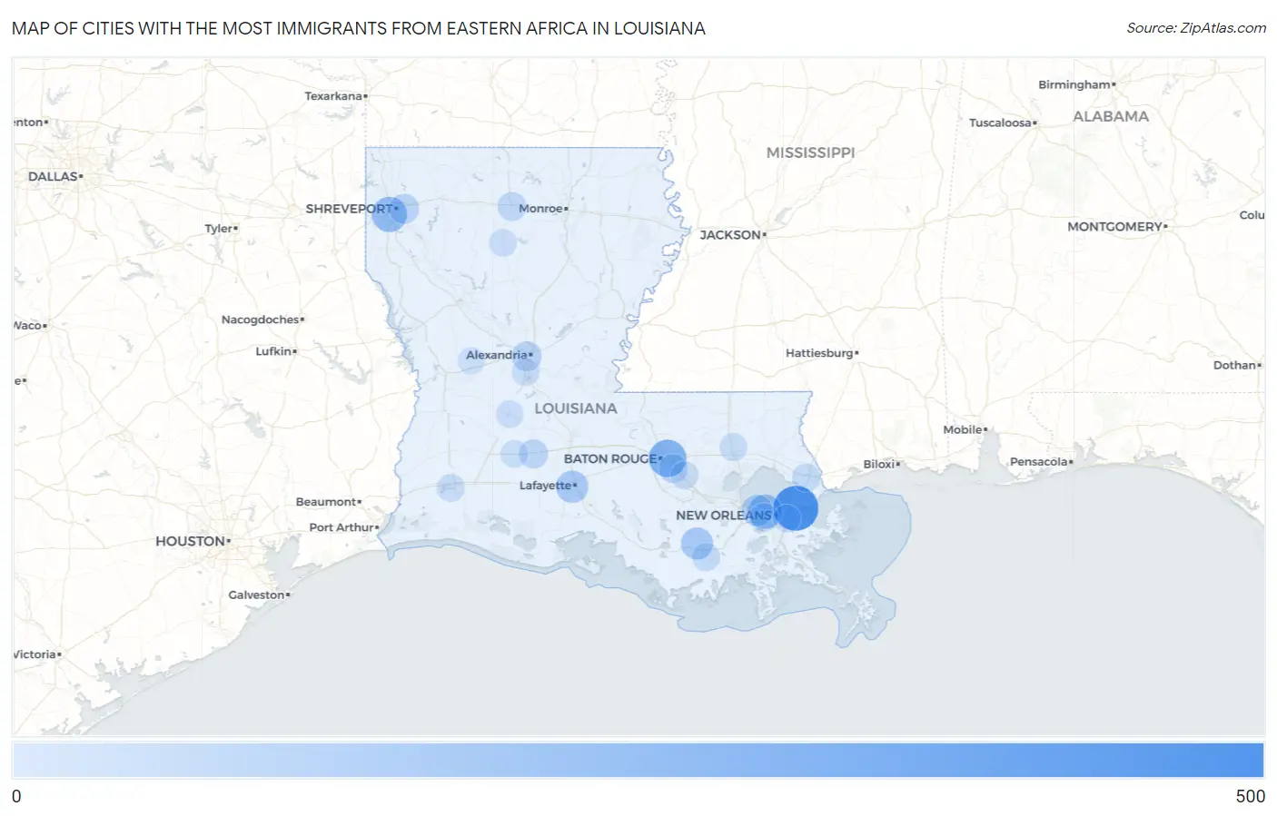Cities with the Most Immigrants from Eastern Africa in Louisiana Map