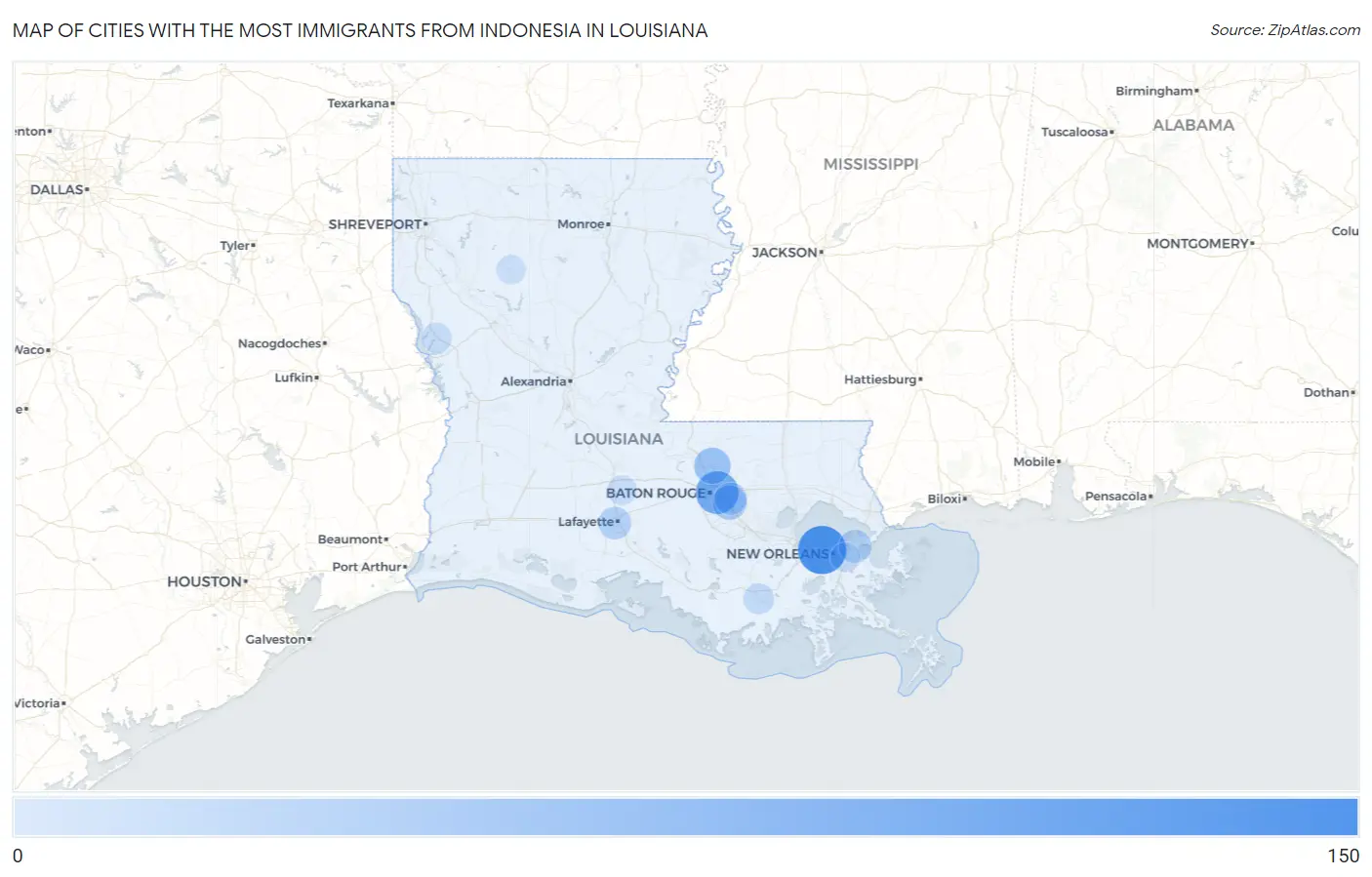 Cities with the Most Immigrants from Indonesia in Louisiana Map