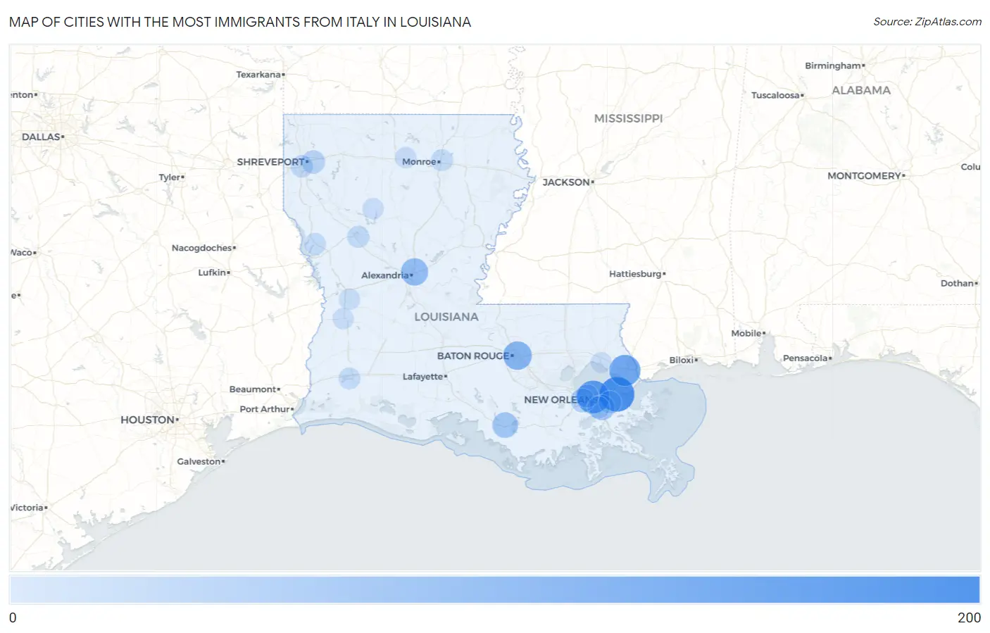 Cities with the Most Immigrants from Italy in Louisiana Map
