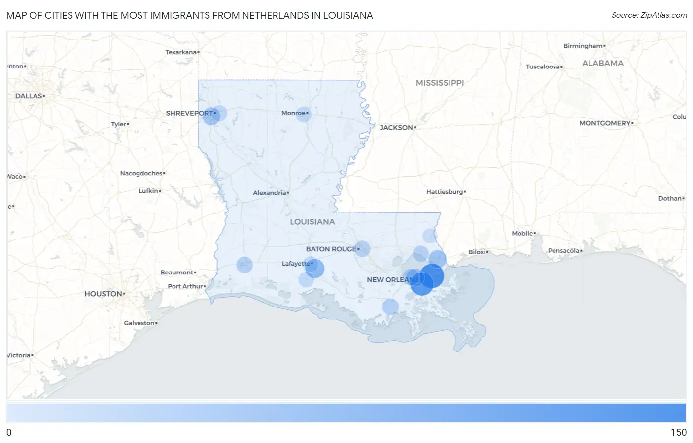 Cities with the Most Immigrants from Netherlands in Louisiana Map