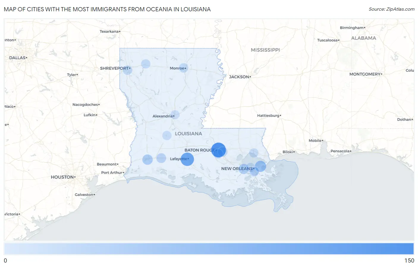Cities with the Most Immigrants from Oceania in Louisiana Map