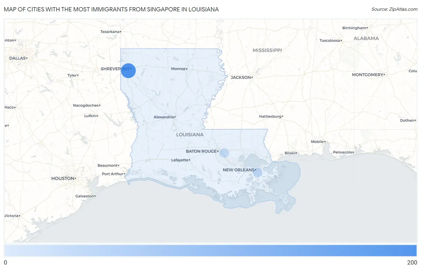 Cities with the Most Immigrants from Singapore in Louisiana Map