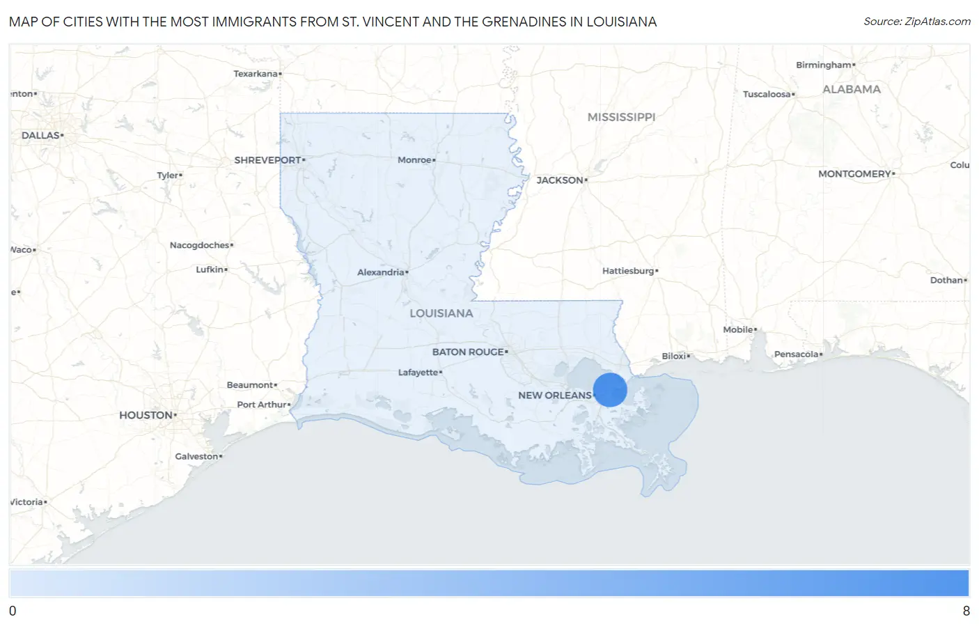 Cities with the Most Immigrants from St. Vincent and the Grenadines in Louisiana Map