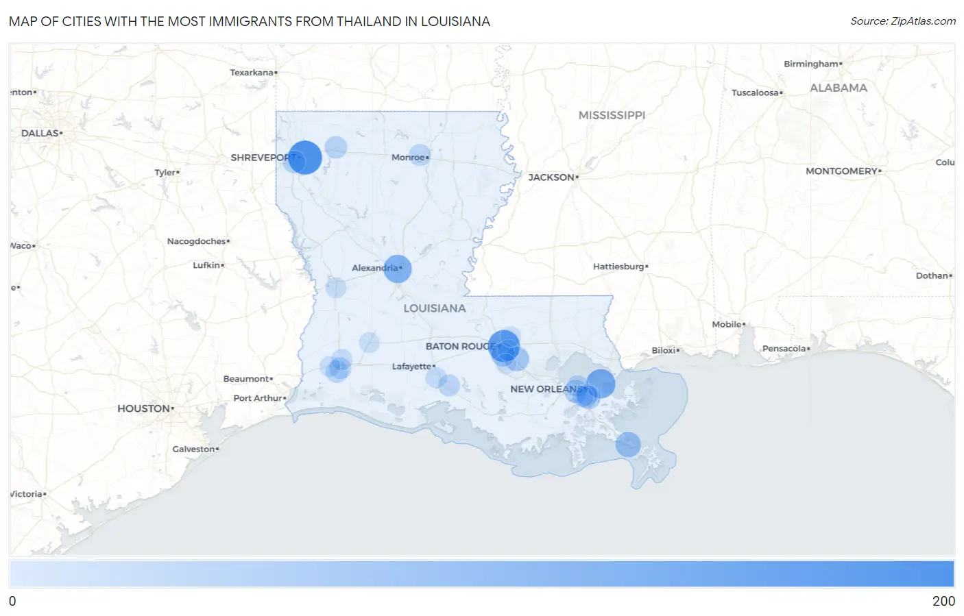 Cities with the Most Immigrants from Thailand in Louisiana Map