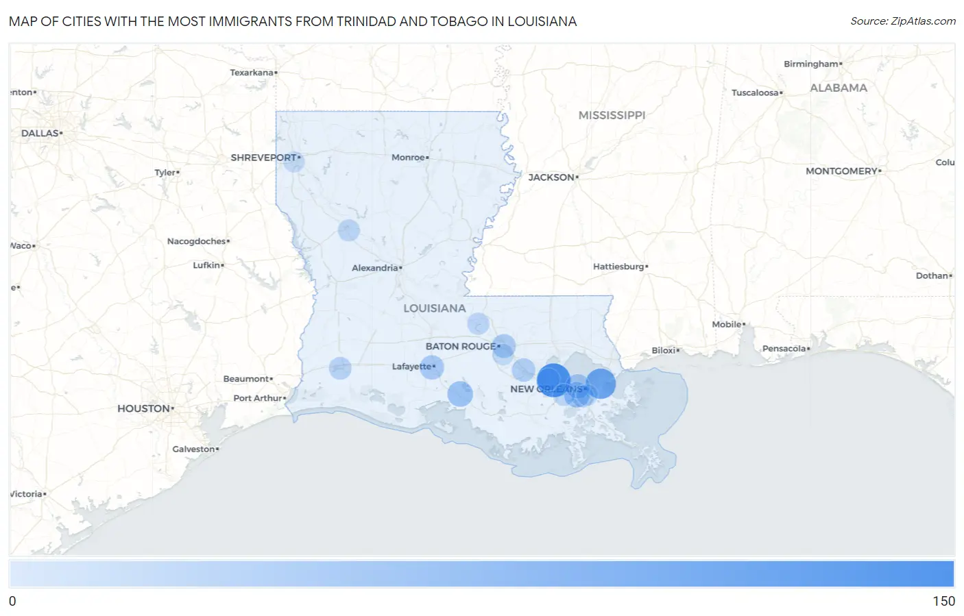 Cities with the Most Immigrants from Trinidad and Tobago in Louisiana Map