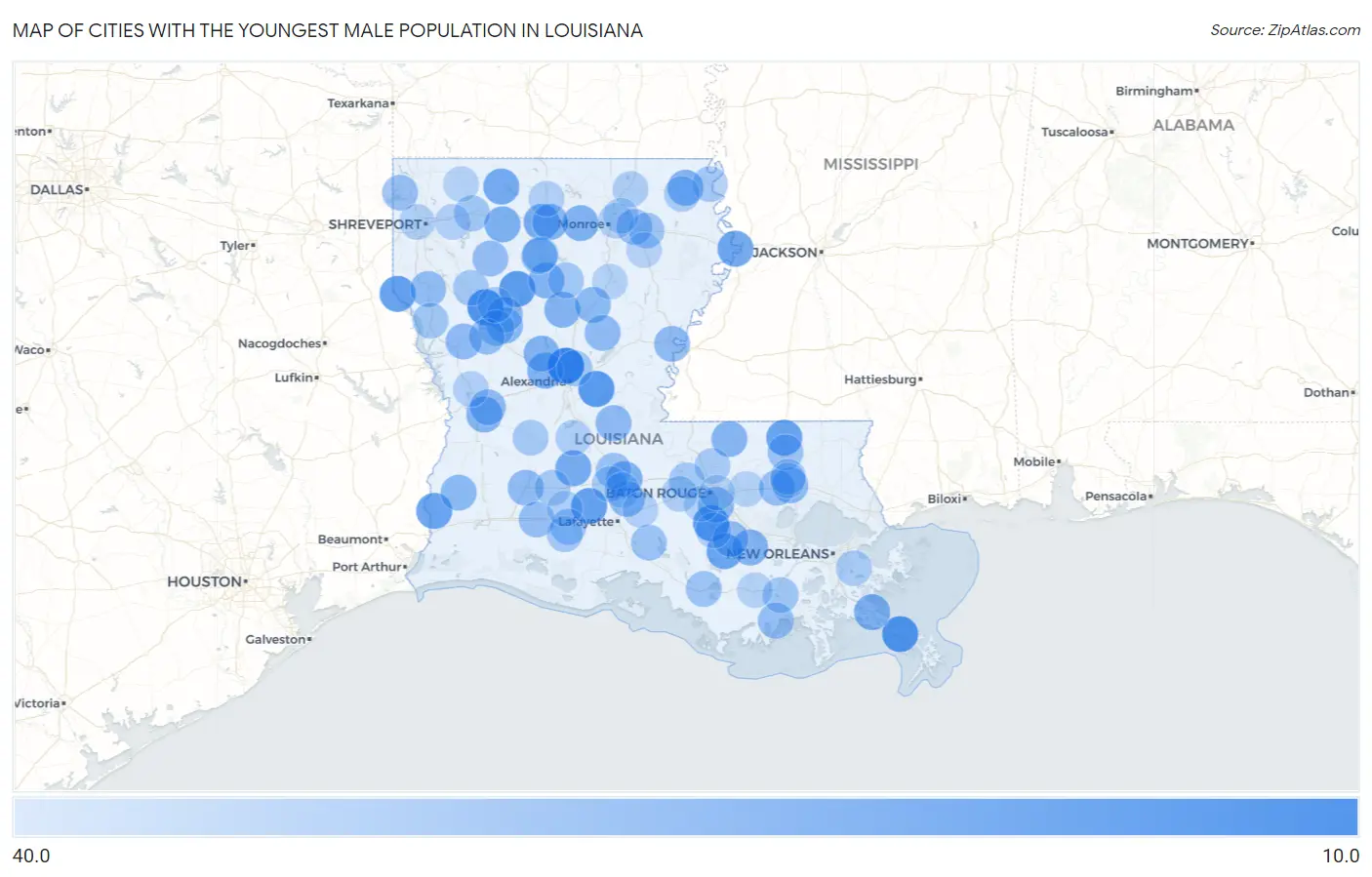 Cities with the Youngest Male Population in Louisiana Map